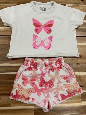 Chaser Girls Butterfly Print Shorts Set Pink & White Crop Top Size 6